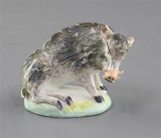 A rare Derby small figure of a seated wild boar, c.1760, h. 6.3cm, some restoration